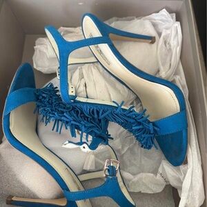 BCBG Turquoise Blue Suede Fringe Stiletto Sandals